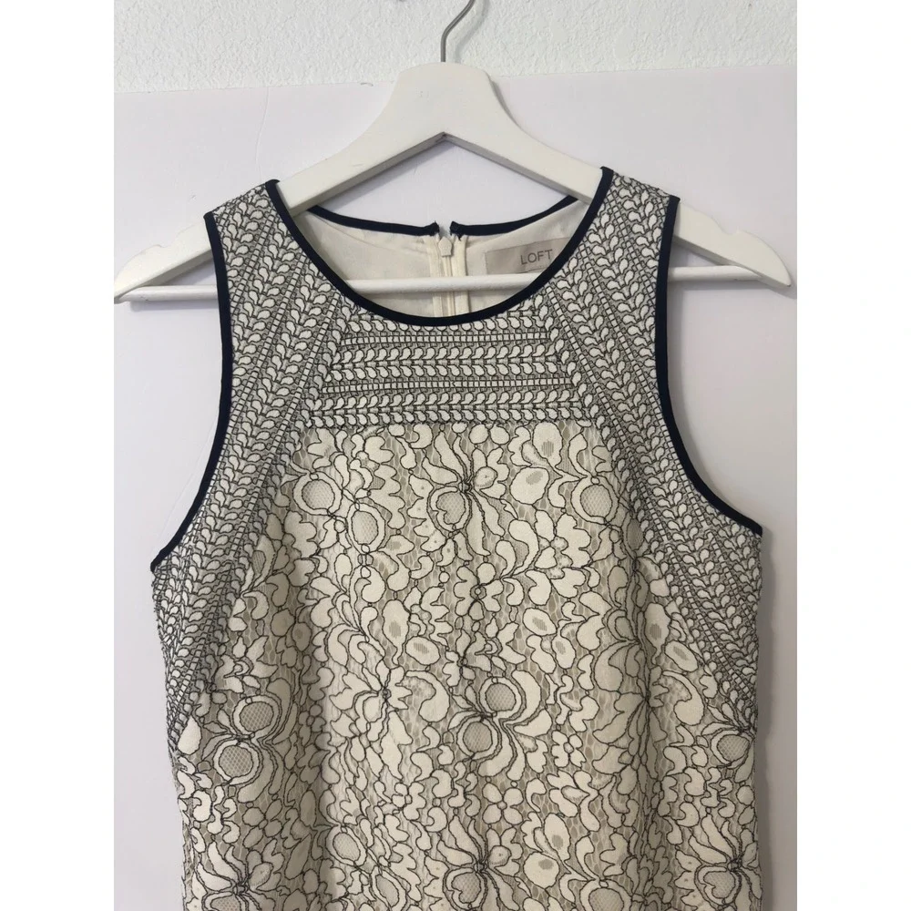 LOFT Floral Lace Shift Dress Womens 4 Ivory Black Sleeveless Cocktail‎ Wedding